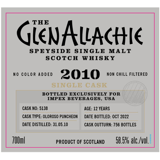 Glenallachie Single Cask 12 Year Old Single Malt Scotch 2010