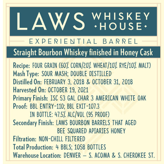 Laws Experiential Barrel Straight Bourbon Finished in Honey Cask